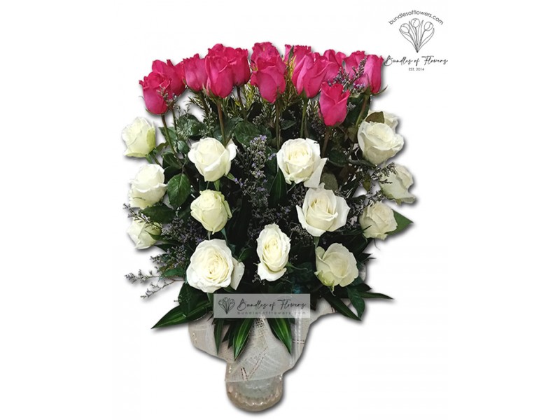 Pink and White Roses in Vase